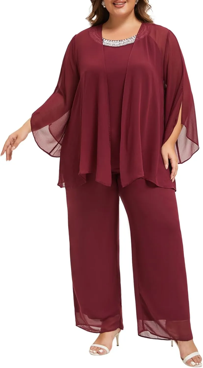 Plus Size Mother of Bride Pant Suits 3 Piece Chiffon Sets Hand Sewn Diamonds Wedding Guest Outfit