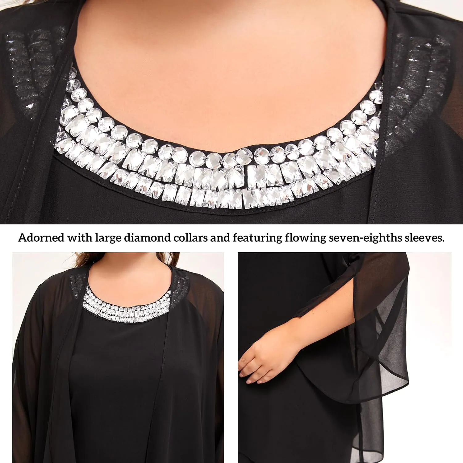 Plus Size Mother of Bride Pant Suits 3 Piece Chiffon Sets Hand Sewn Diamonds Wedding Guest Outfit