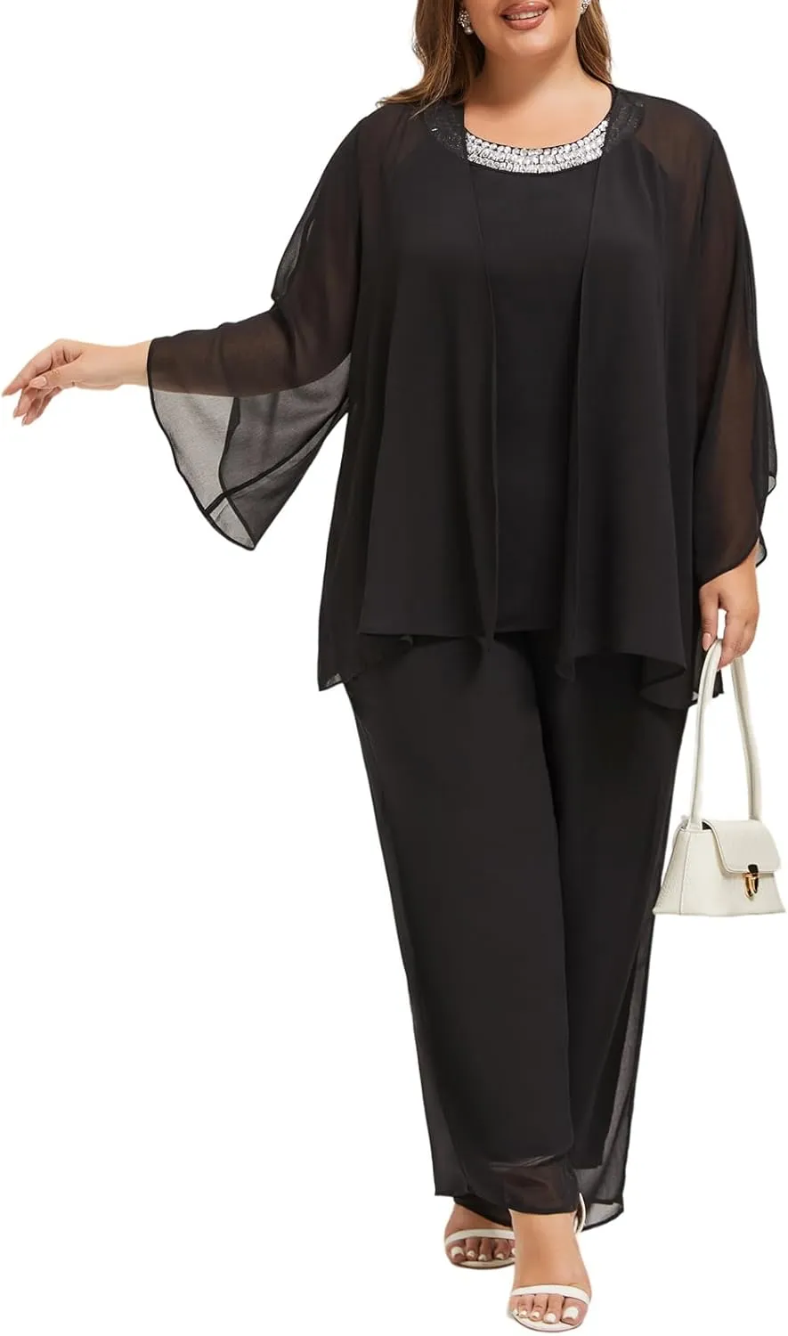 Plus Size Mother of Bride Pant Suits 3 Piece Chiffon Sets Hand Sewn Diamonds Wedding Guest Outfit