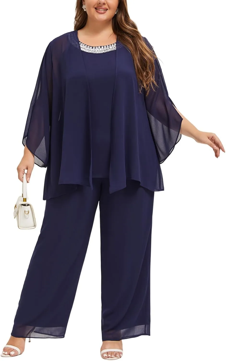 Plus Size Mother of Bride Pant Suits 3 Piece Chiffon Sets Hand Sewn Diamonds Wedding Guest Outfit