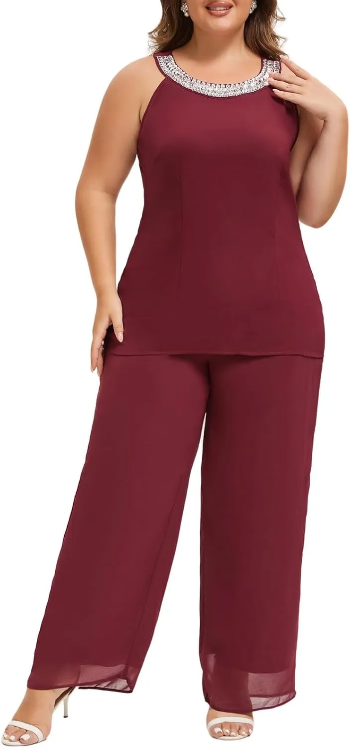 Plus Size Mother of Bride Pant Suits 3 Piece Chiffon Sets Hand Sewn Diamonds Wedding Guest Outfit