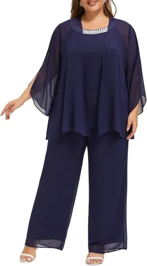 Plus Size Mother of Bride Pant Suits 3 Piece Chiffon Sets Hand Sewn Diamonds Wedding Guest Outfit