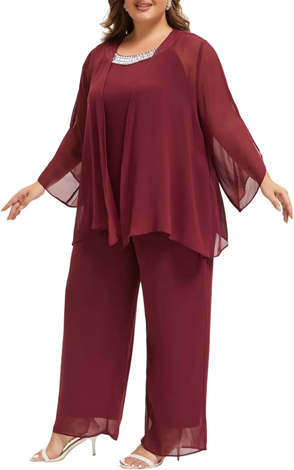 Plus Size Mother of Bride Pant Suits 3 Piece Chiffon Sets Hand Sewn Diamonds Wedding Guest Outfit