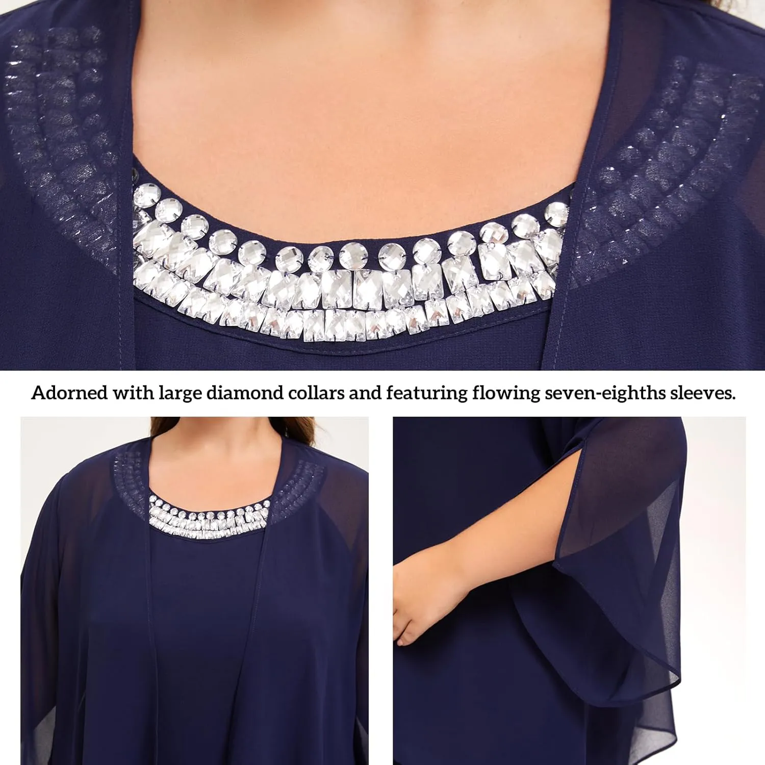 Plus Size Mother of Bride Pant Suits 3 Piece Chiffon Sets Hand Sewn Diamonds Wedding Guest Outfit