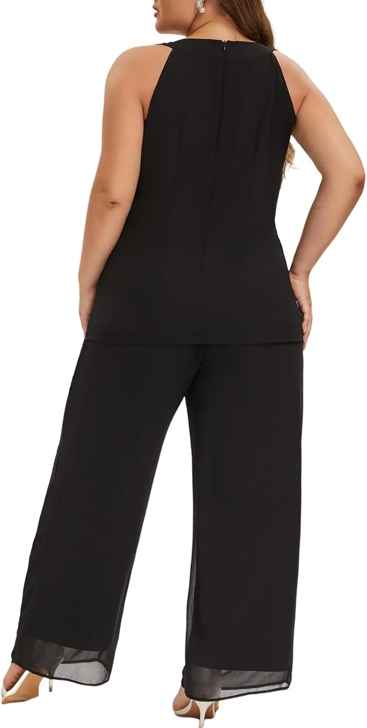 Plus Size Mother of Bride Pant Suits 3 Piece Chiffon Sets Hand Sewn Diamonds Wedding Guest Outfit