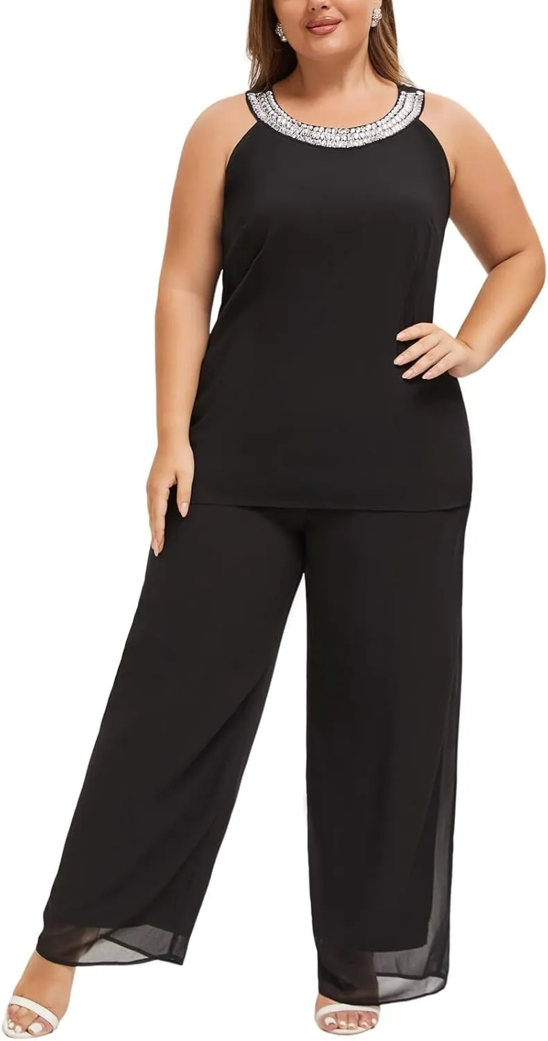 Plus Size Mother of Bride Pant Suits 3 Piece Chiffon Sets Hand Sewn Diamonds Wedding Guest Outfit