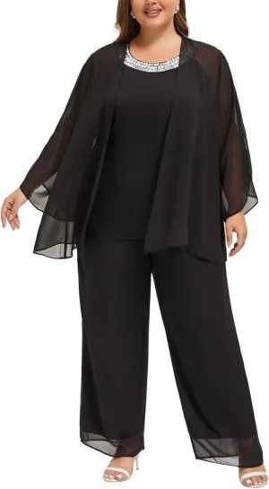 Plus Size Mother of Bride Pant Suits 3 Piece Chiffon Sets Hand Sewn Diamonds Wedding Guest Outfit