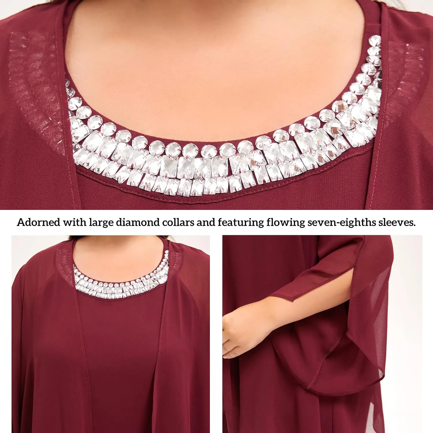 Plus Size Mother of Bride Pant Suits 3 Piece Chiffon Sets Hand Sewn Diamonds Wedding Guest Outfit