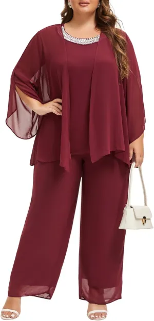 Plus Size Mother of Bride Pant Suits 3 Piece Chiffon Sets Hand Sewn Diamonds Wedding Guest Outfit