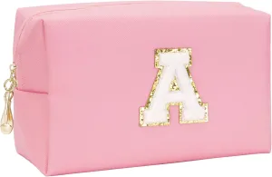 Preppy Makeup Bag, Initial PU Leather Waterproof Cosmetic Bag with Zipper, Small Portable Travel Make Up Bag for Women, Cute Chenille Letter A Makeup Pouch Ideal Gift for Girls (Pink)