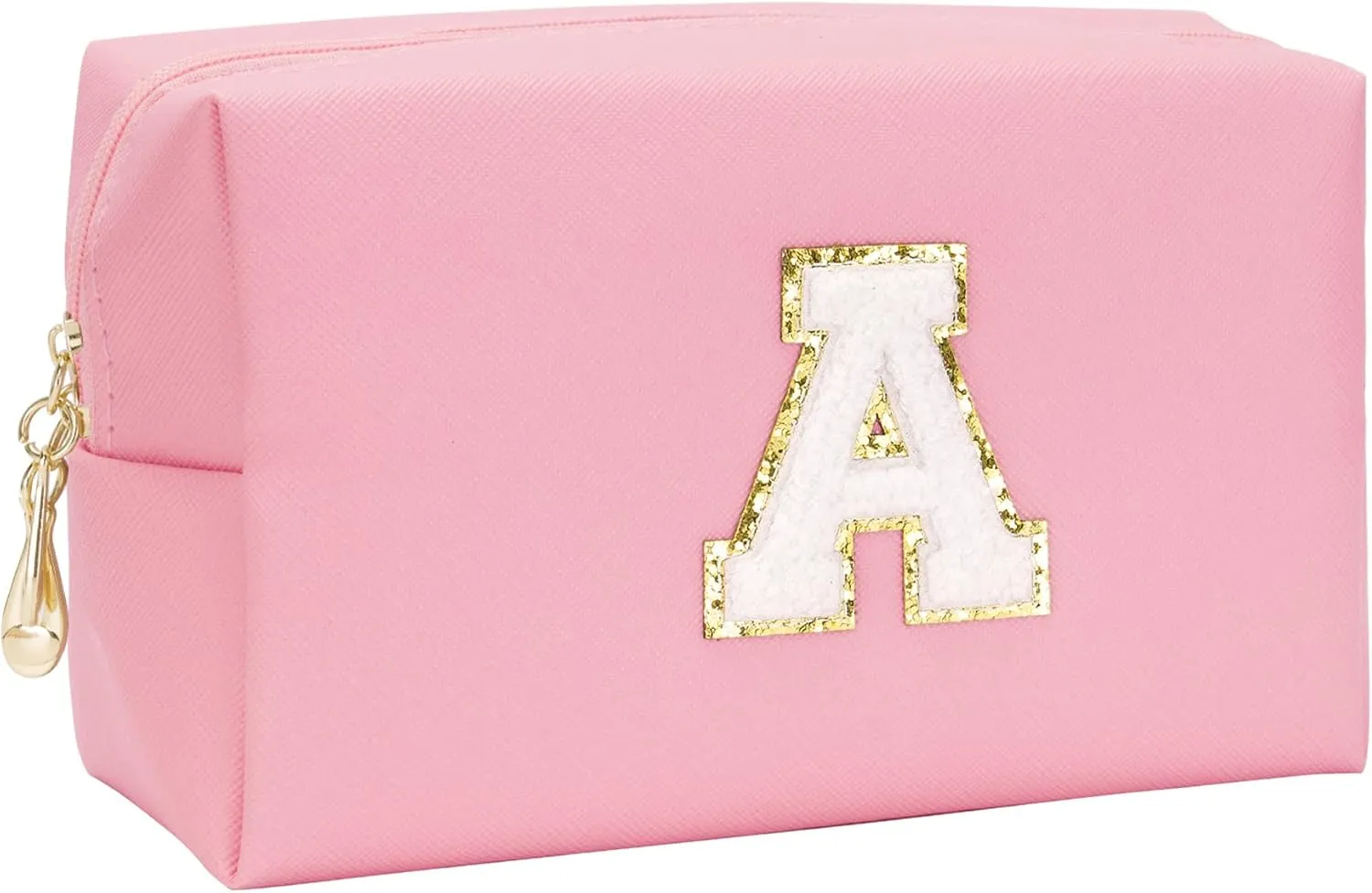 Preppy Makeup Bag, Initial PU Leather Waterproof Cosmetic Bag with Zipper, Small Portable Travel Make Up Bag for Women, Cute Chenille Letter A Makeup Pouch Ideal Gift for Girls (Pink)