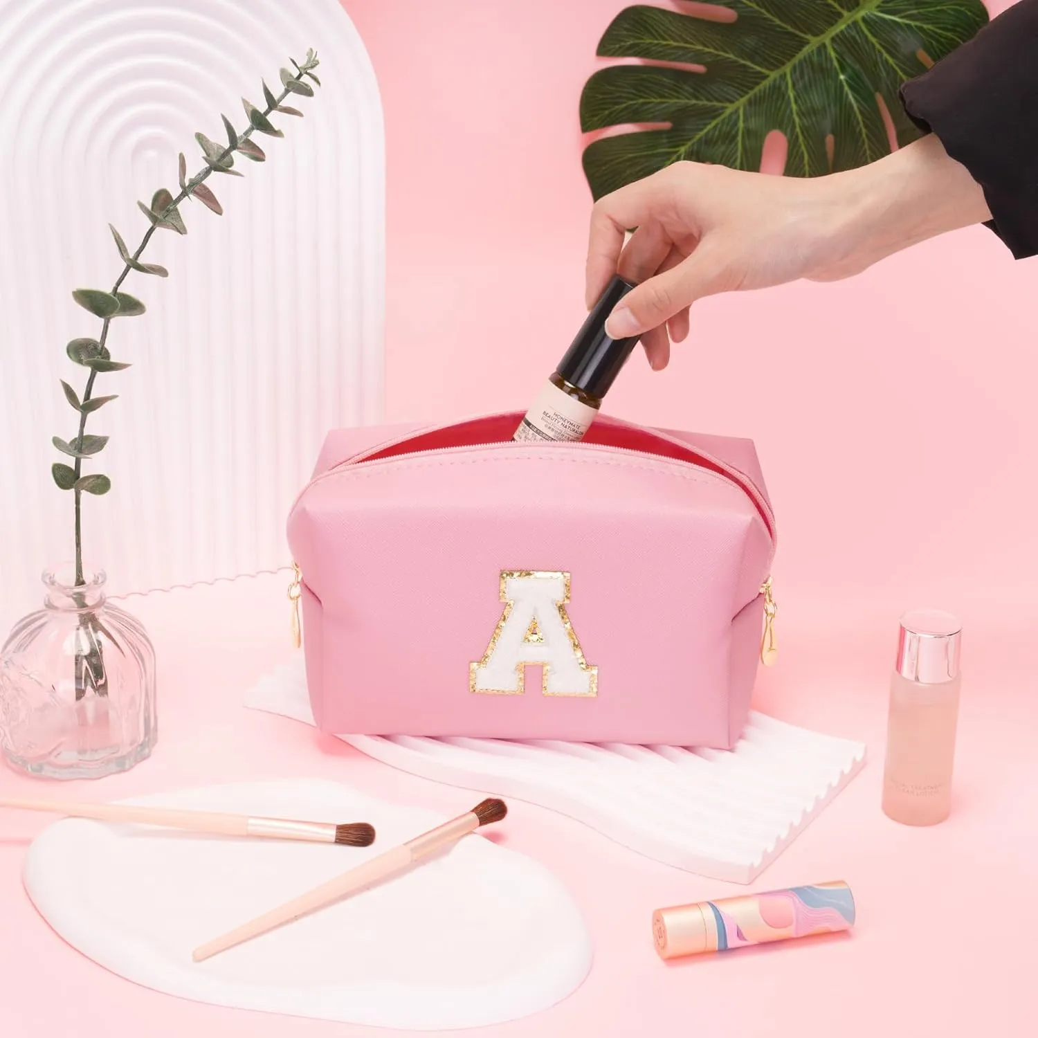 Preppy Makeup Bag, Initial PU Leather Waterproof Cosmetic Bag with Zipper, Small Portable Travel Make Up Bag for Women, Cute Chenille Letter A Makeup Pouch Ideal Gift for Girls (Pink)