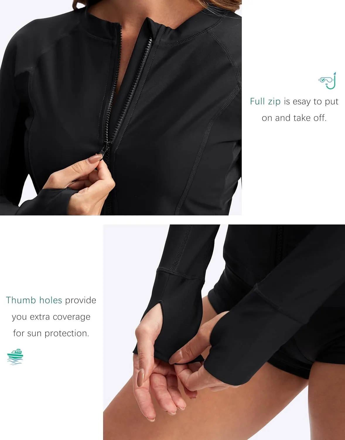SANTINY Women's Rash Guard Zipper Pockets UPF50  Sun Protection Long Sleeve Swimsuit Top Zip Front Swim Shirt for Women
