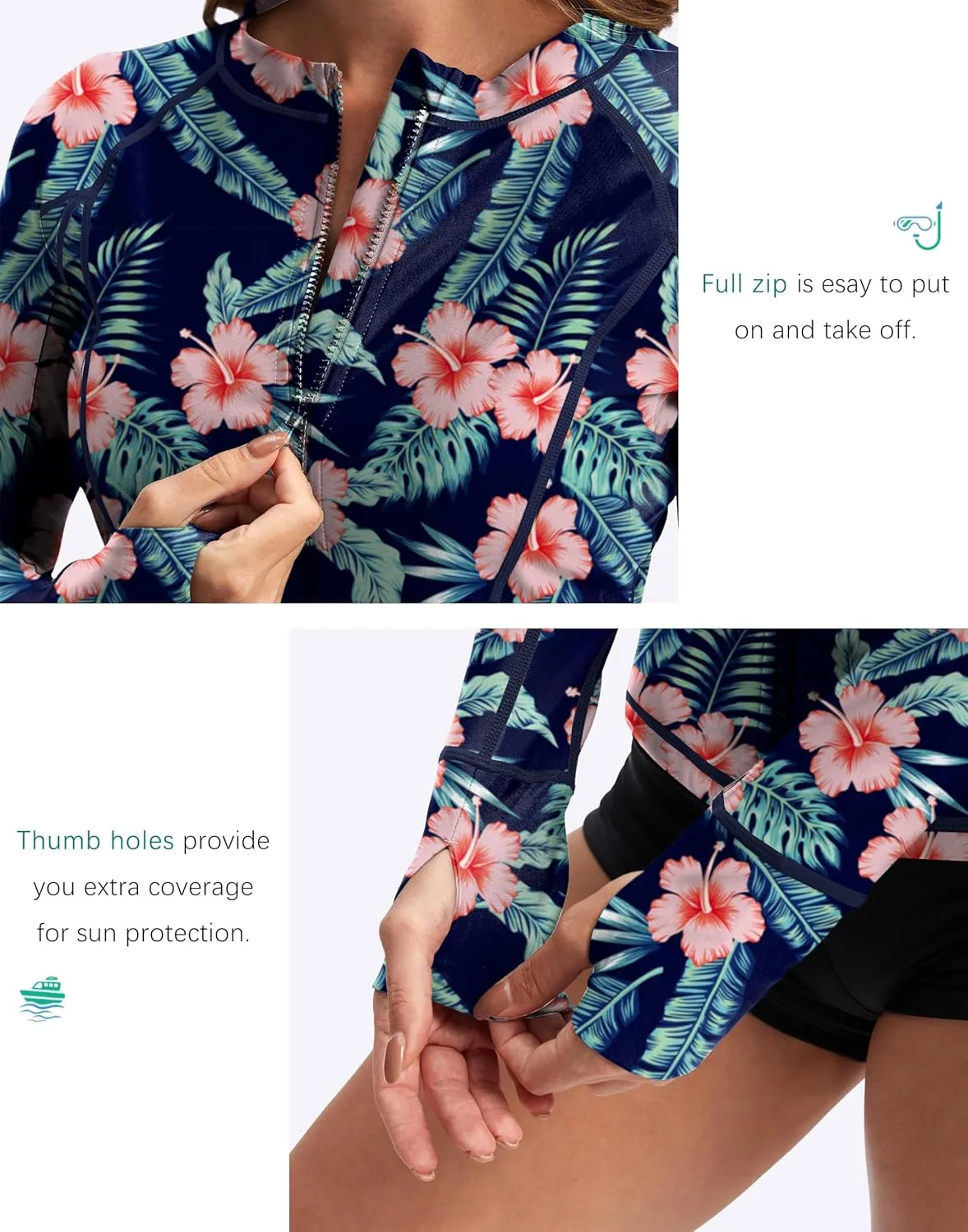 SANTINY Women's Rash Guard Zipper Pockets UPF50  Sun Protection Long Sleeve Swimsuit Top Zip Front Swim Shirt for Women