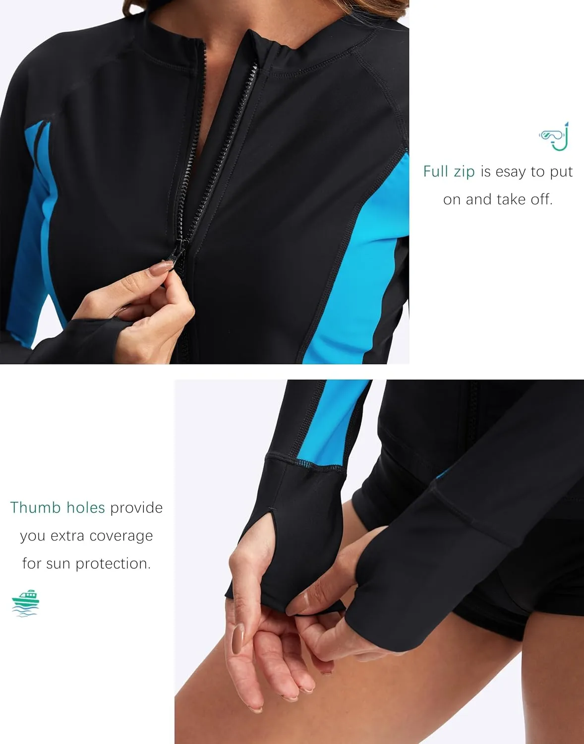 SANTINY Women's Rash Guard Zipper Pockets UPF50  Sun Protection Long Sleeve Swimsuit Top Zip Front Swim Shirt for Women