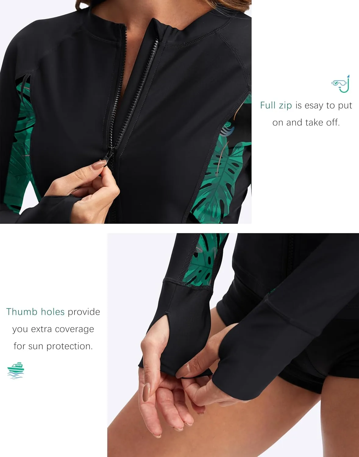 SANTINY Women's Rash Guard Zipper Pockets UPF50  Sun Protection Long Sleeve Swimsuit Top Zip Front Swim Shirt for Women