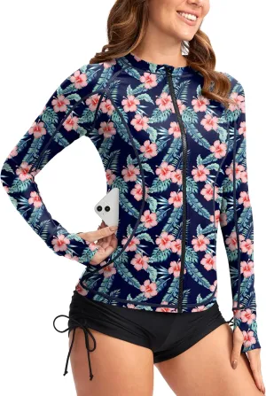 SANTINY Women's Rash Guard Zipper Pockets UPF50  Sun Protection Long Sleeve Swimsuit Top Zip Front Swim Shirt for Women