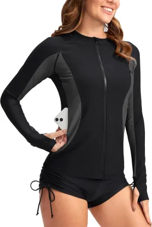 SANTINY Women's Rash Guard Zipper Pockets UPF50  Sun Protection Long Sleeve Swimsuit Top Zip Front Swim Shirt for Women