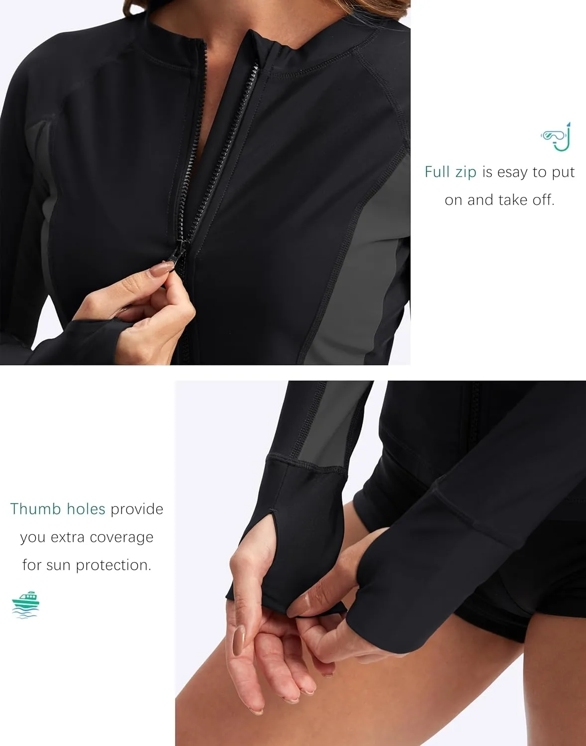 SANTINY Women's Rash Guard Zipper Pockets UPF50  Sun Protection Long Sleeve Swimsuit Top Zip Front Swim Shirt for Women