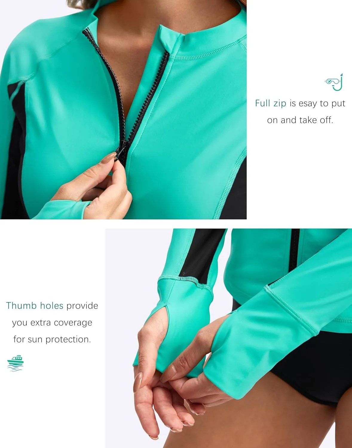 SANTINY Women's Rash Guard Zipper Pockets UPF50  Sun Protection Long Sleeve Swimsuit Top Zip Front Swim Shirt for Women