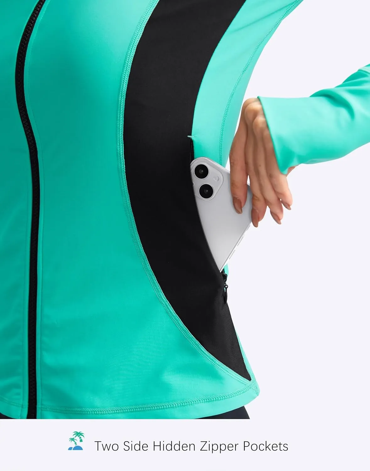 SANTINY Women's Rash Guard Zipper Pockets UPF50  Sun Protection Long Sleeve Swimsuit Top Zip Front Swim Shirt for Women