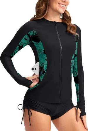 SANTINY Women's Rash Guard Zipper Pockets UPF50  Sun Protection Long Sleeve Swimsuit Top Zip Front Swim Shirt for Women