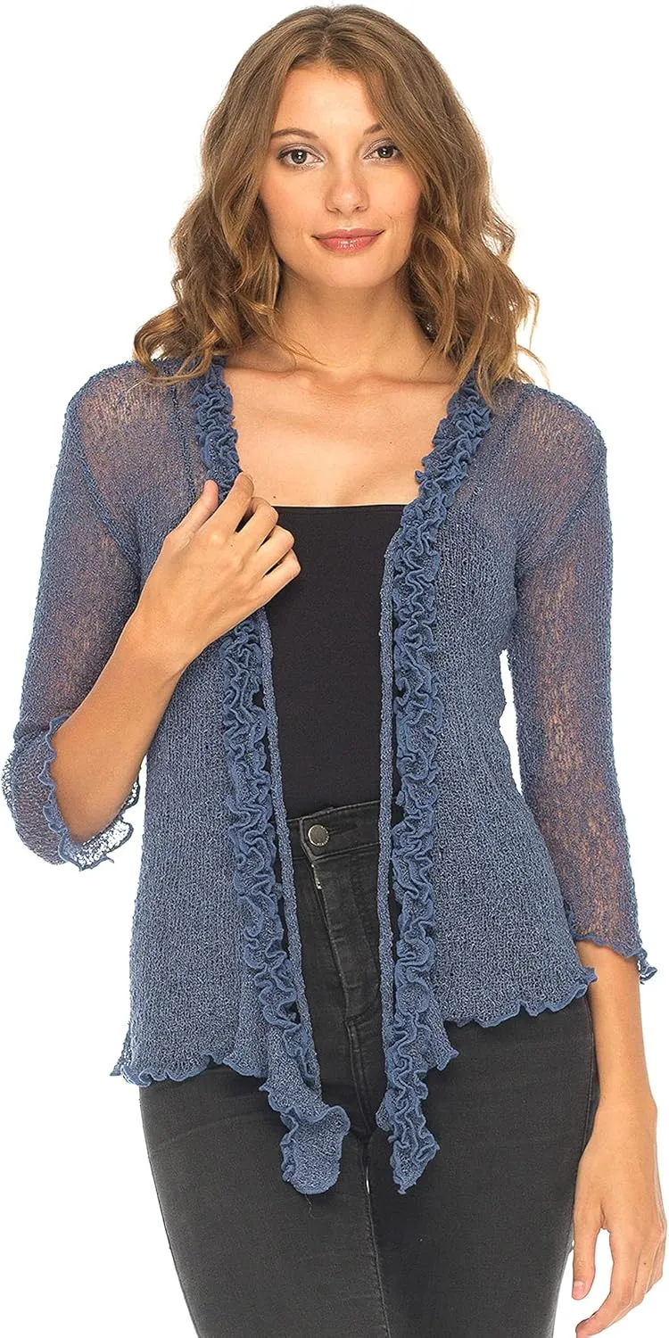 SHU-SHI Womens Sheer Shrug Cardigan Sweater Lightweight Knit Ruffle