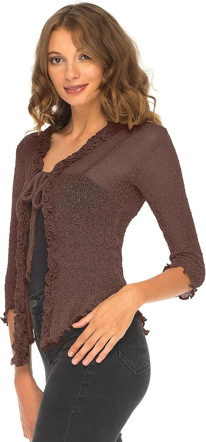 SHU-SHI Womens Sheer Shrug Cardigan Sweater Lightweight Knit Ruffle