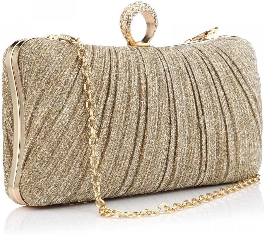 Simcat Women Gold Clutch Purses Glitter Evening Handbag Pleated Evening Bag for Lady Formal Bridal Wedding Prom