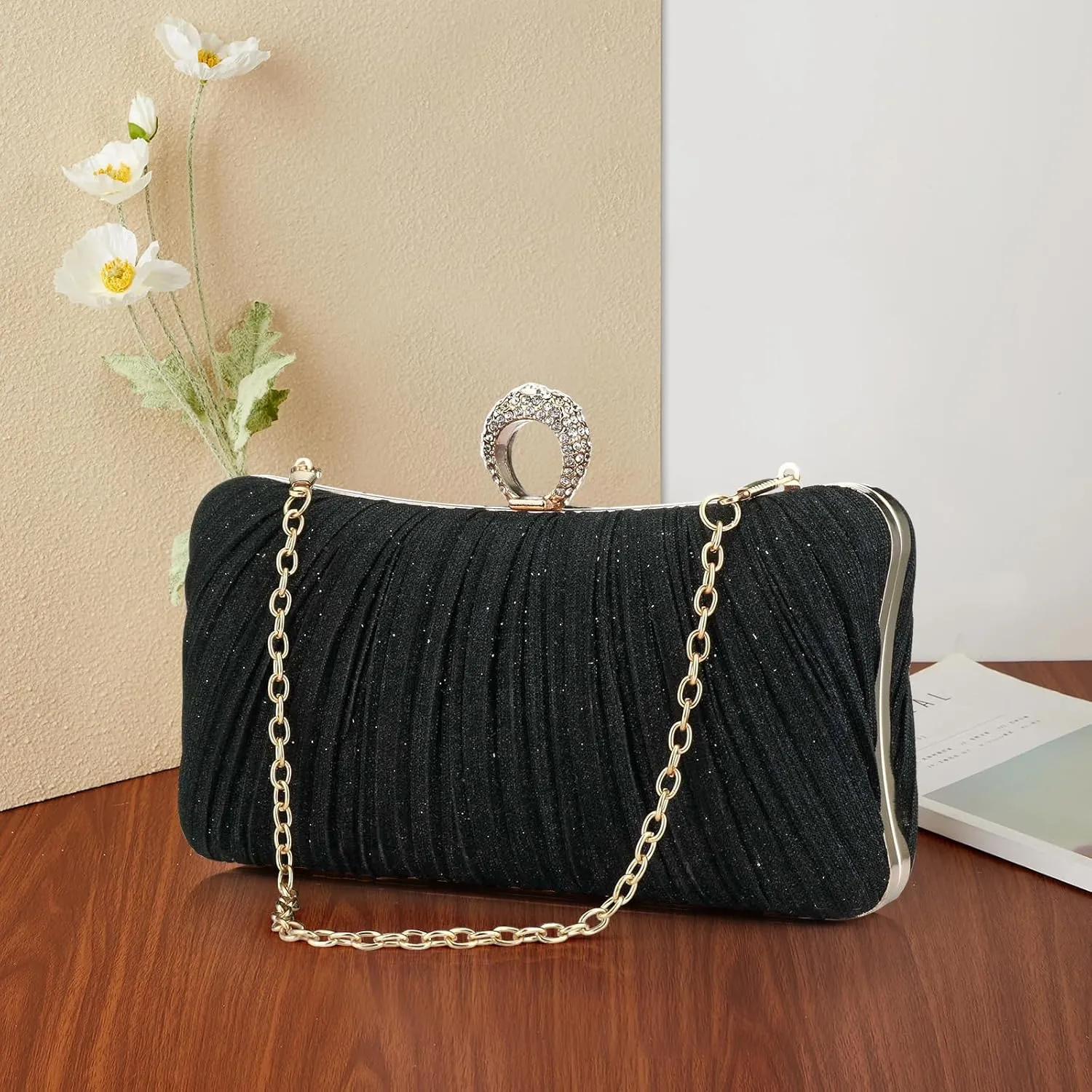 Simcat Women Gold Clutch Purses Glitter Evening Handbag Pleated Evening Bag for Lady Formal Bridal Wedding Prom