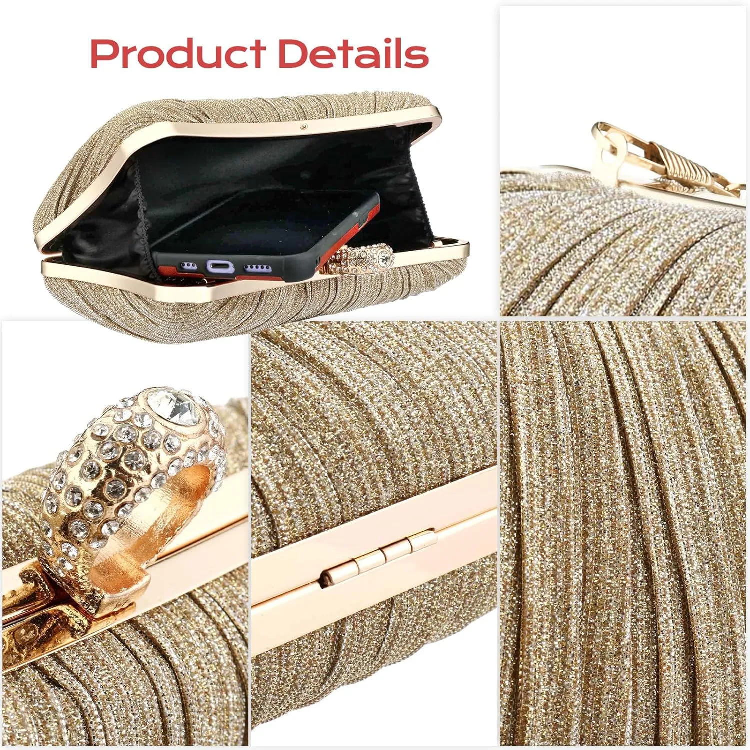 Simcat Women Gold Clutch Purses Glitter Evening Handbag Pleated Evening Bag for Lady Formal Bridal Wedding Prom