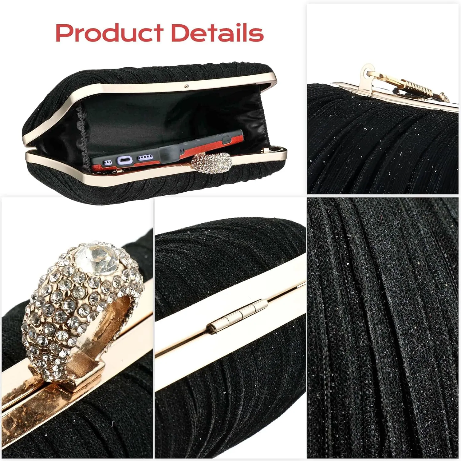 Simcat Women Gold Clutch Purses Glitter Evening Handbag Pleated Evening Bag for Lady Formal Bridal Wedding Prom