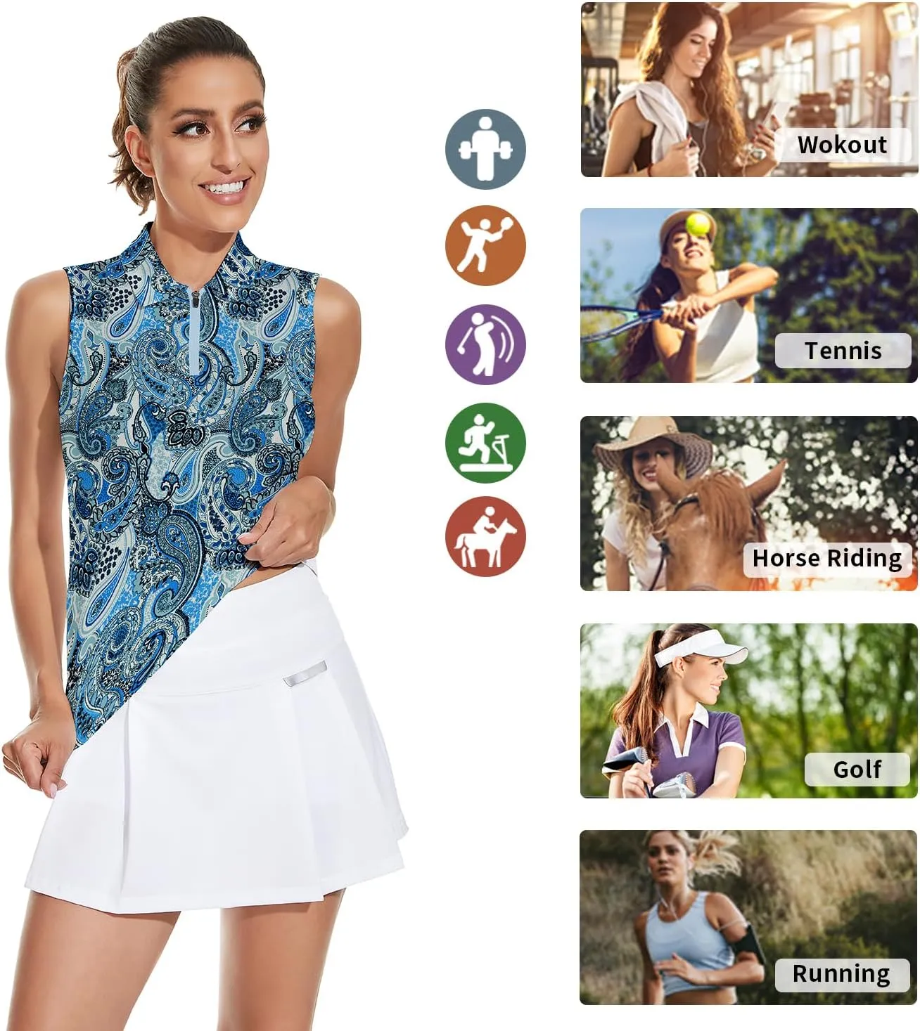 Soneven Women's Sleeveless Golf Top Floral Athletic Golf Wear Moisture Wicking Sleeveless Polo Quick Dry