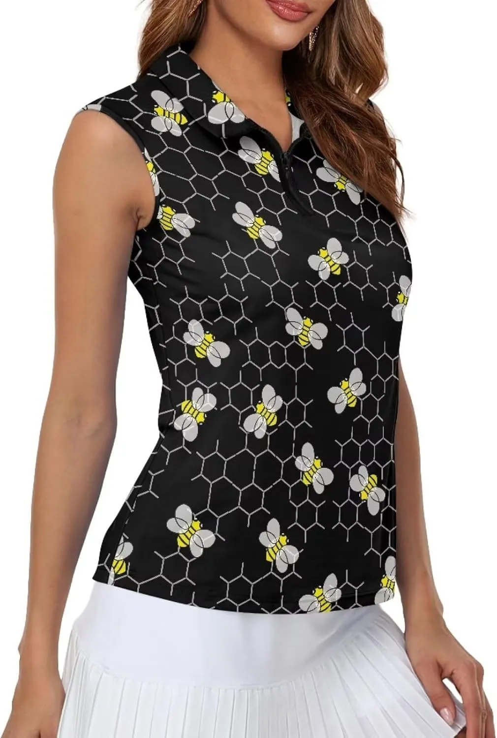 Suobstales Women's Golf Polo Shirts Sleeveless Tennis Tank Tops with Quarter Zip, Collarless Athletic Shirt for Women