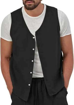 TOMITANY Mens Summer Linen Waistcoat Lightweight Button Vest Cardigan Outdoor Casual Tops Business Suit Waistcoat