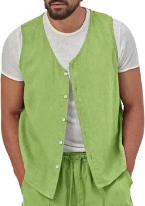 TOMITANY Mens Summer Linen Waistcoat Lightweight Button Vest Cardigan Outdoor Casual Tops Business Suit Waistcoat