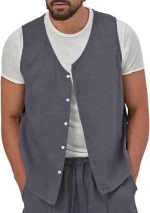 TOMITANY Mens Summer Linen Waistcoat Lightweight Button Vest Cardigan Outdoor Casual Tops Business Suit Waistcoat
