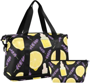 Travel Duffel Bag Lavender Lemon Oil Pattern Foldable Sports Tote Gym Bag with Shoe & Wet Compartment Shoulder Carry on Luggage Duffel Weekender Overnight for Men Women