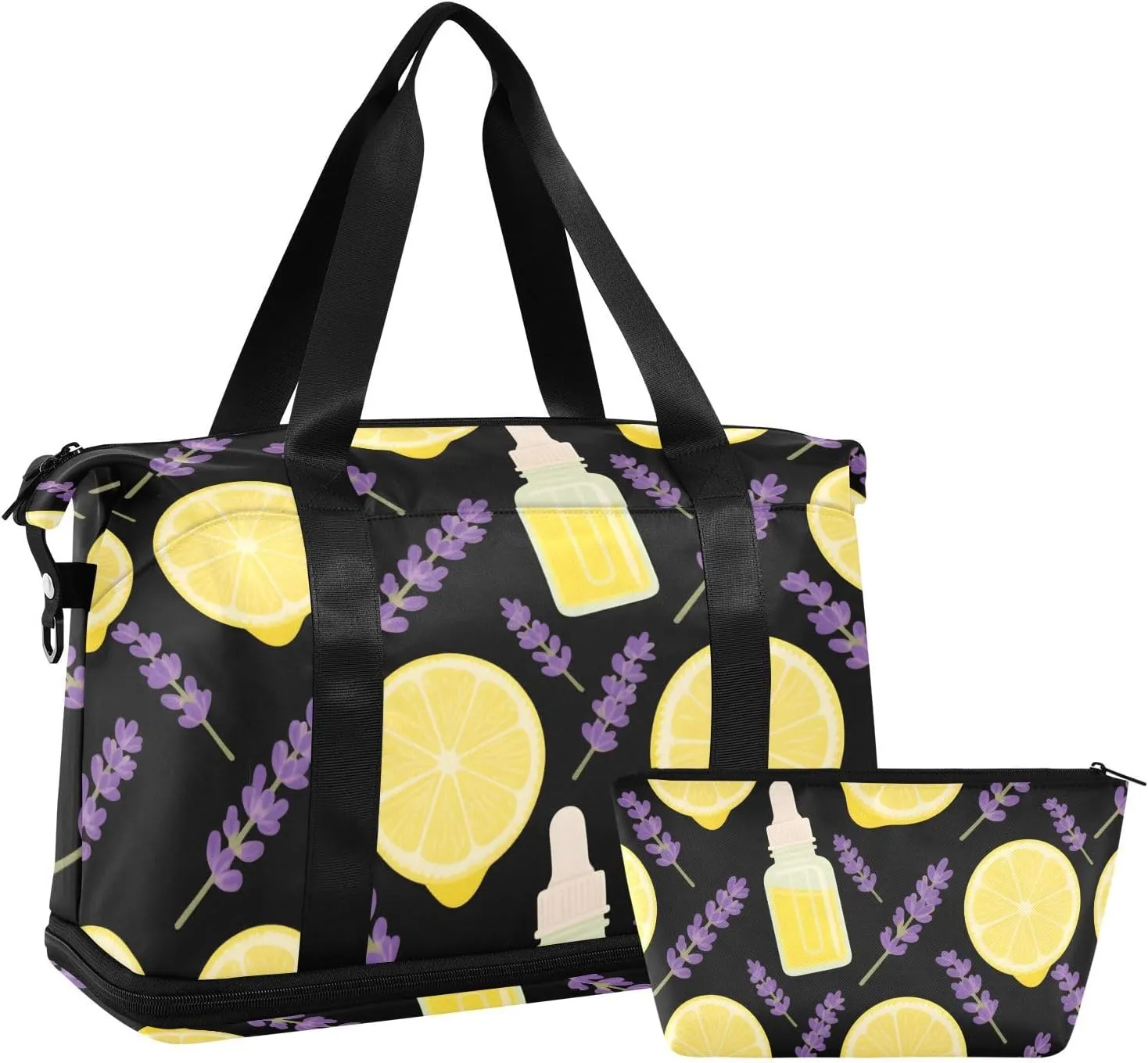 Travel Duffel Bag Lavender Lemon Oil Pattern Foldable Sports Tote Gym Bag with Shoe & Wet Compartment Shoulder Carry on Luggage Duffel Weekender Overnight for Men Women
