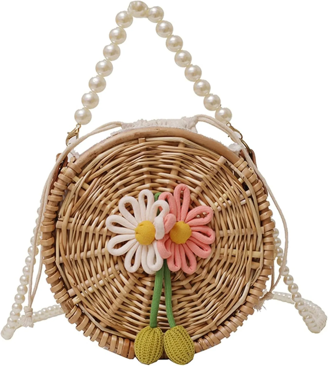 Vintage Handwoven Pearl Crossbody Straw Bag Round Basket Style Handbag Satchel Wristlet Beach Vacation Daily Use