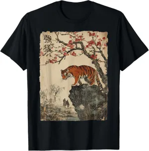 Vintage Japanese Tiger with Cherry Blossoms Tree Woodblock T-Shirt