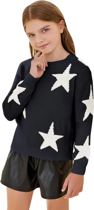 WDIRARA Girl's Star Pattern Round Neck Long Sleeve Sweater Casual Tops