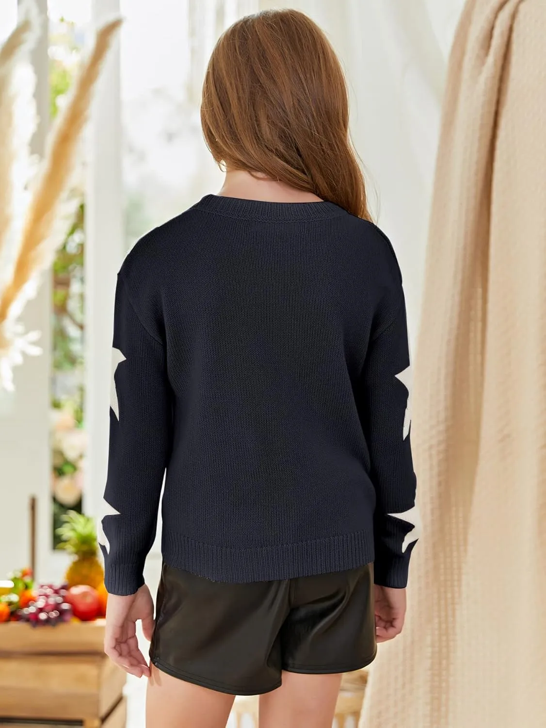 WDIRARA Girl's Star Pattern Round Neck Long Sleeve Sweater Casual Tops