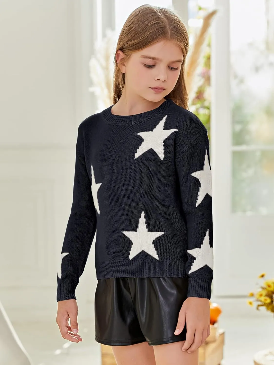 WDIRARA Girl's Star Pattern Round Neck Long Sleeve Sweater Casual Tops