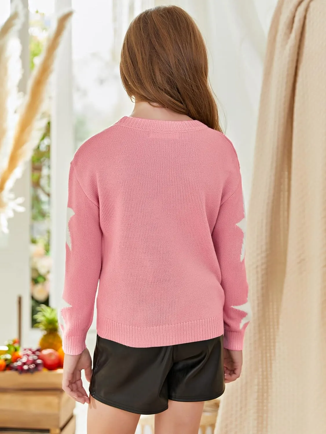 WDIRARA Girl's Star Pattern Round Neck Long Sleeve Sweater Casual Tops