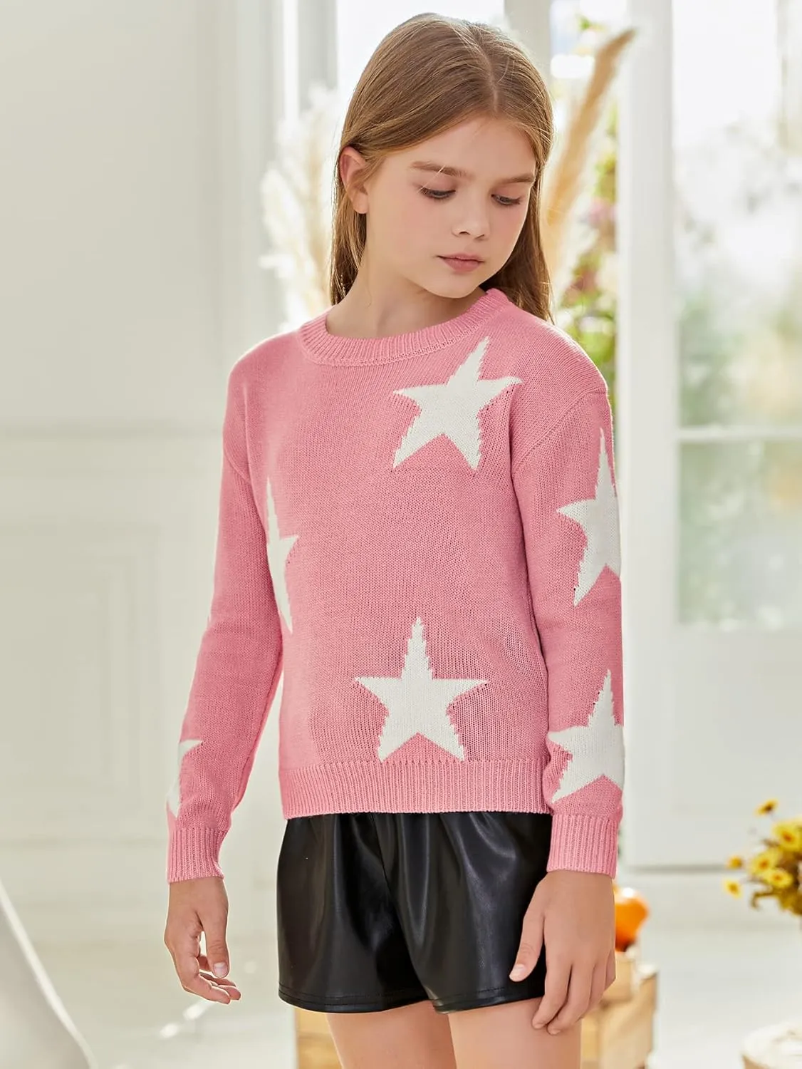 WDIRARA Girl's Star Pattern Round Neck Long Sleeve Sweater Casual Tops