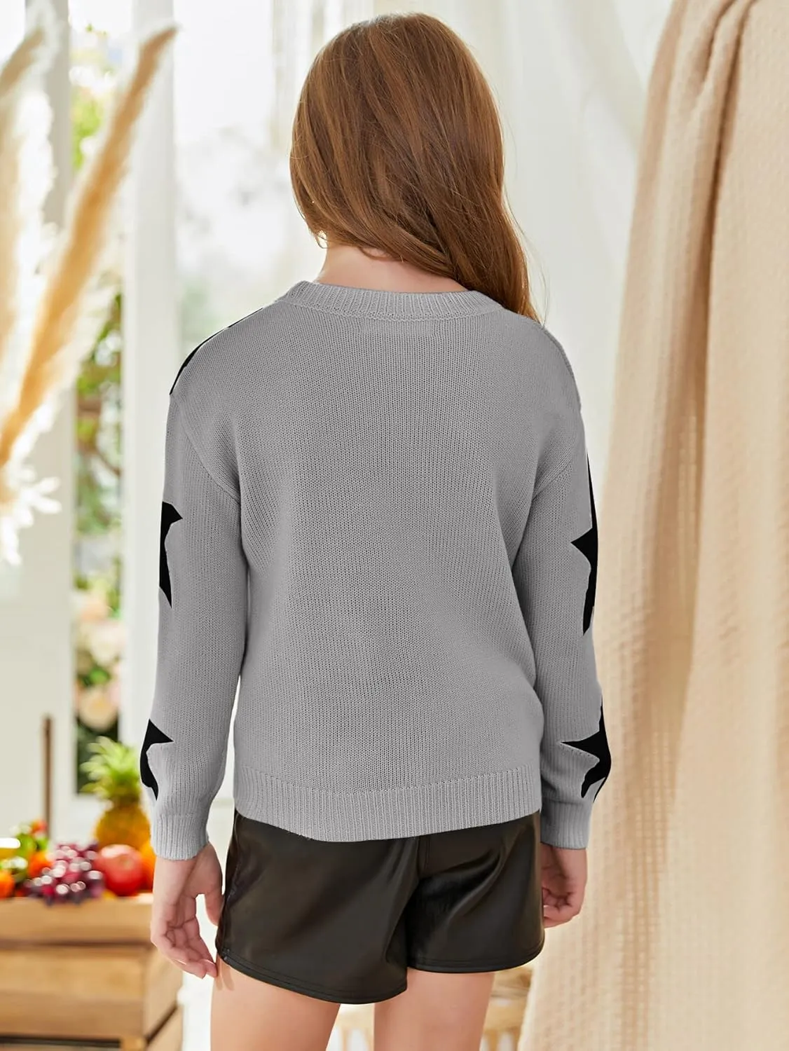 WDIRARA Girl's Star Pattern Round Neck Long Sleeve Sweater Casual Tops