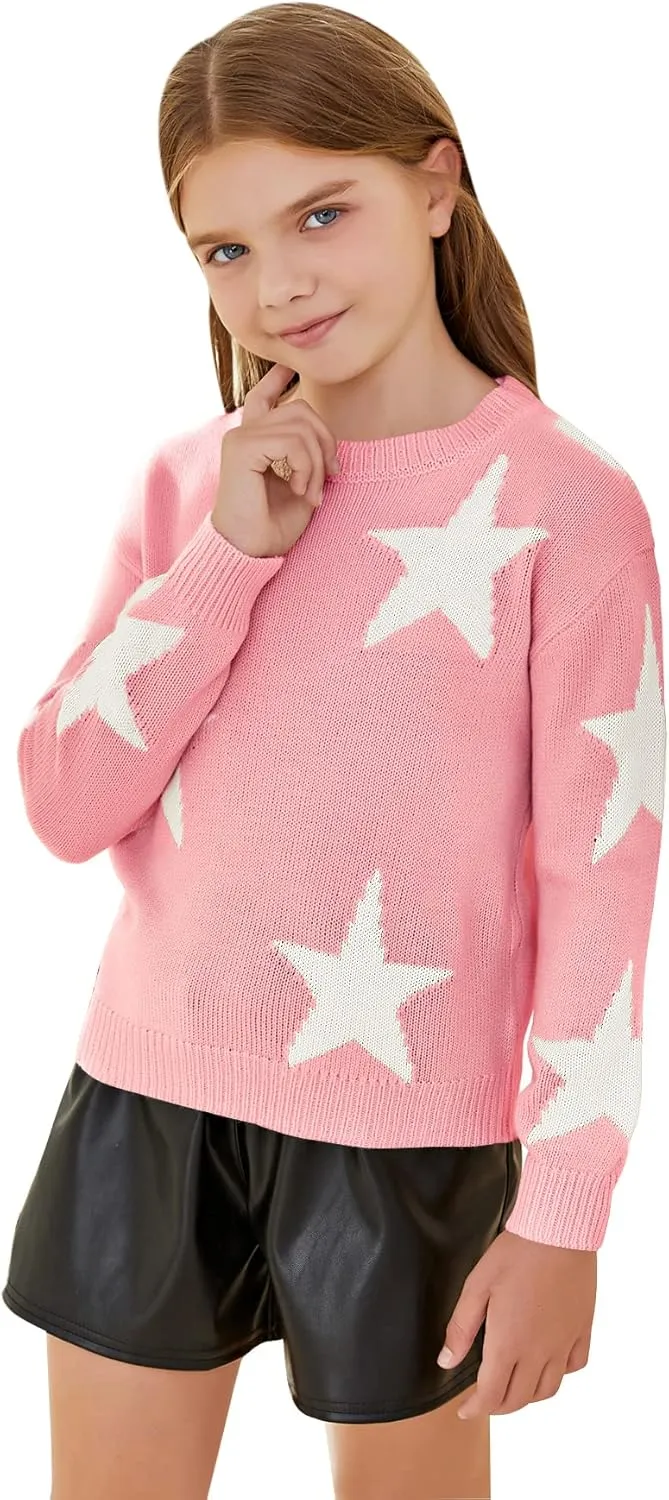WDIRARA Girl's Star Pattern Round Neck Long Sleeve Sweater Casual Tops