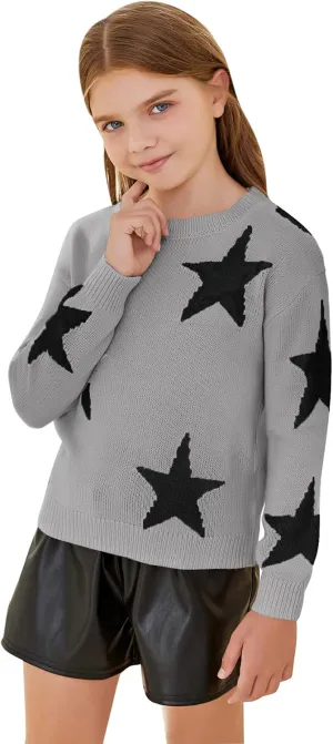 WDIRARA Girl's Star Pattern Round Neck Long Sleeve Sweater Casual Tops