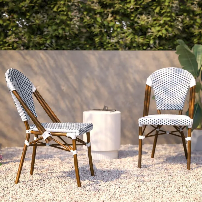 White And Blue Santorini Indoor Outdoor Commercial Greek Bistro Stacking Restaurant Patio Chair